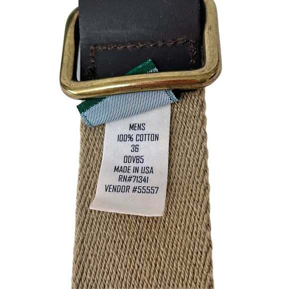 L.L. Bean Belt Square Ring Buckle Cotton Web & Leather Khaki Made in USA Vintage - Picture 5 of 12